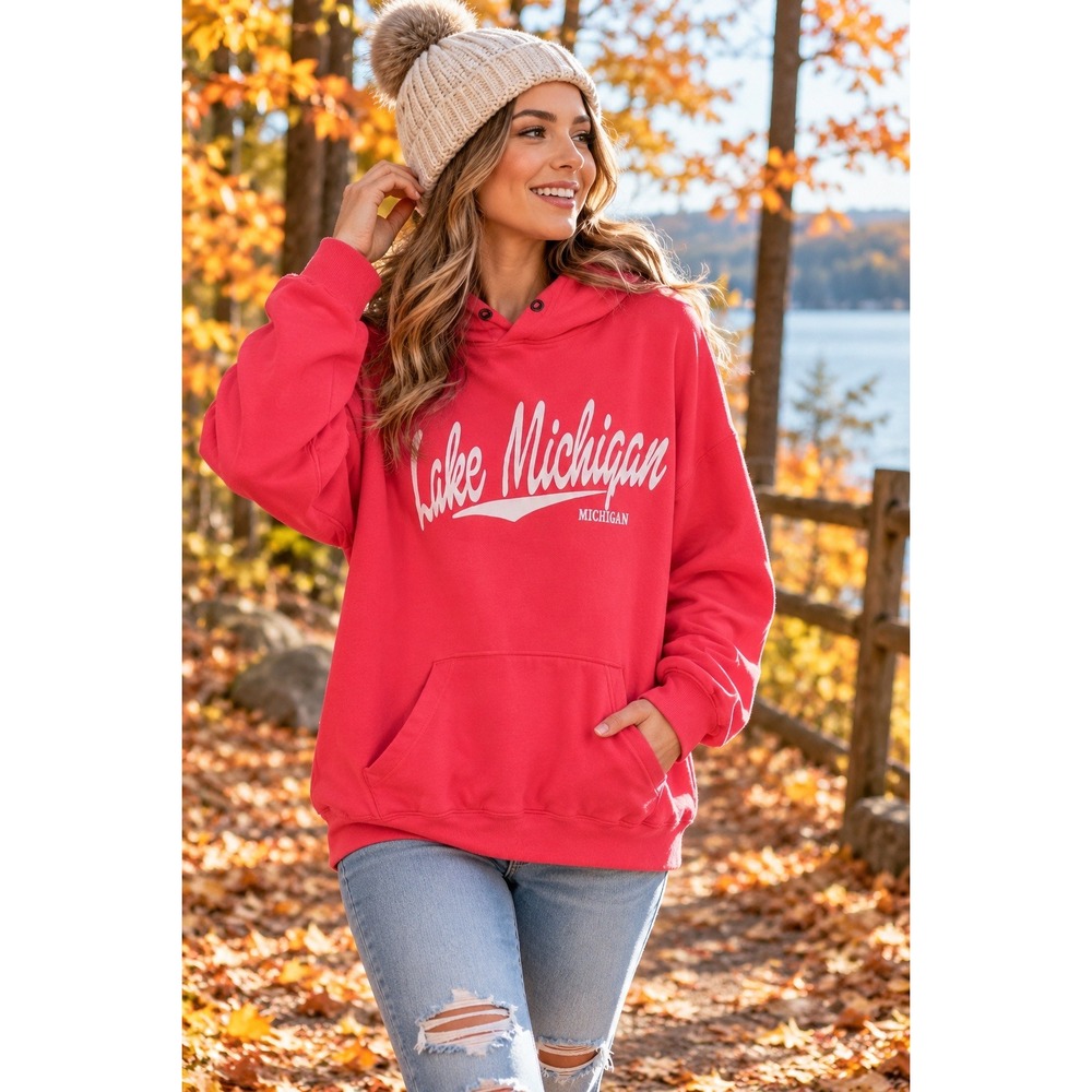 Pacific & Co Lake Michigan Pink Graphic Hoodie Sweatshirt Women Large 252‎